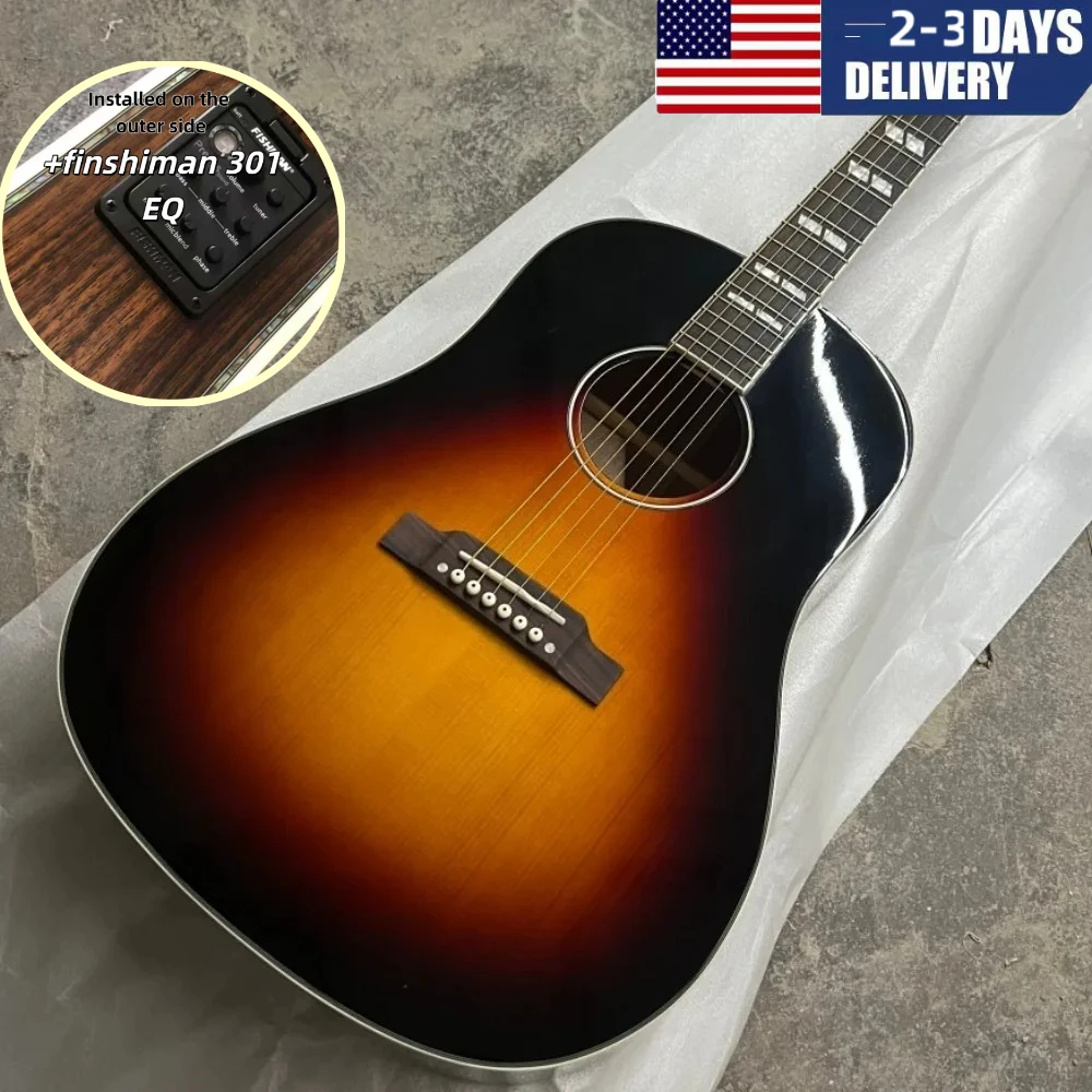 Shipped from USA J45 Sunburst Wood Acoustic Folk Guitar, 301 EQ Pickup, 6‑String Collectible Musical Instrument, Free Shipping