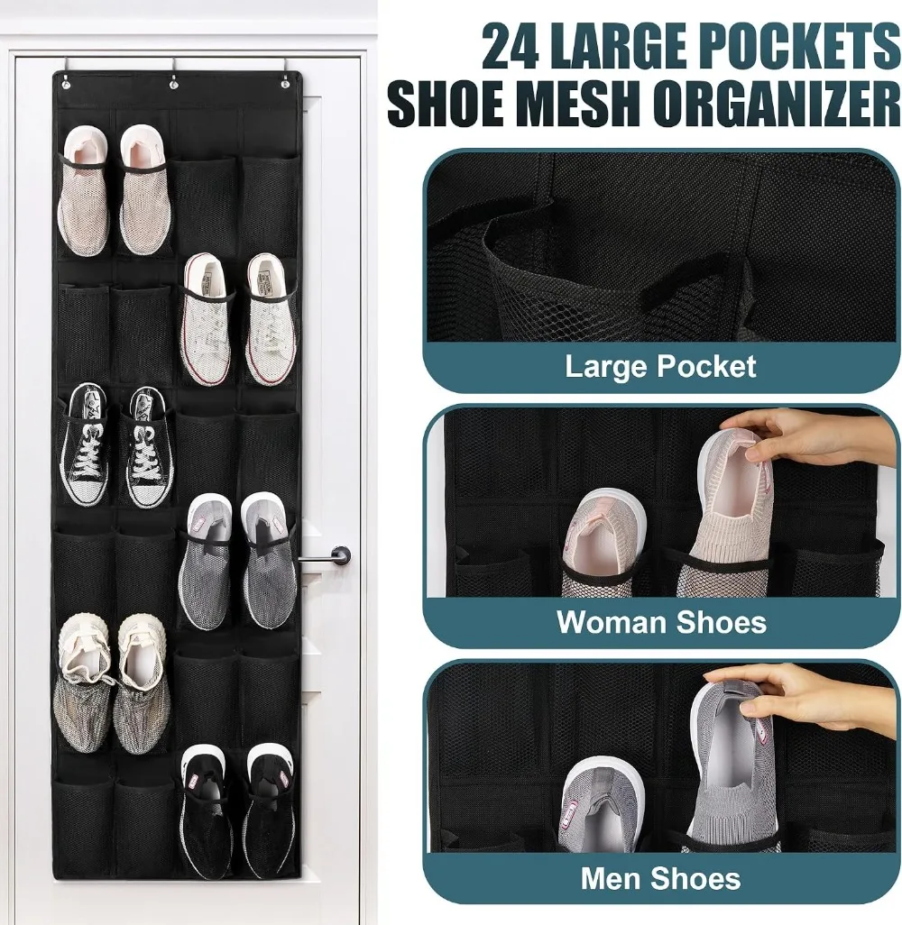 24-Pocket Over Door Shoe Organizer with Hooks, Heavy Duty Hanging Storage for Closet, Entryway, and More view 2