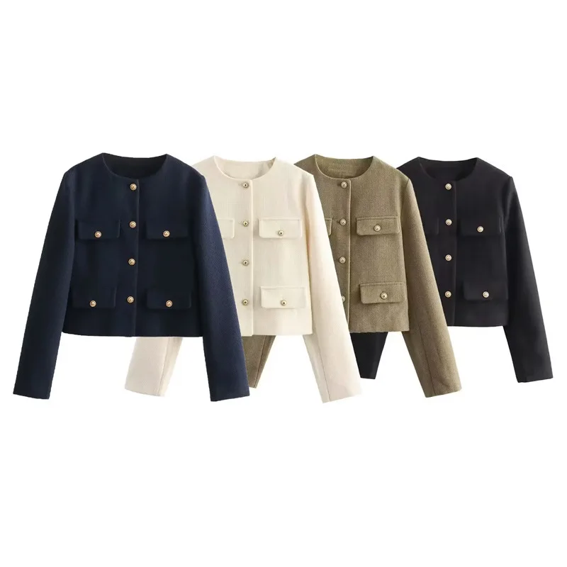 

Autumn Cropped Tweed Jacket Woman Coat Button Long Sleeve Elegant Jackets For Women Short Coats Fashion New In Outerwears
