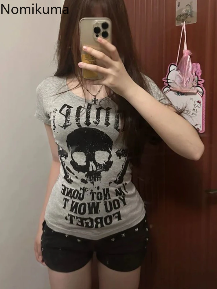 Vintage Woman T Shirts Slim Waist Punk Tees 2025 Ropa Mujer Short Sleeve Fashion Camisetas Skull Print Casual Y2k Tshirt Tops