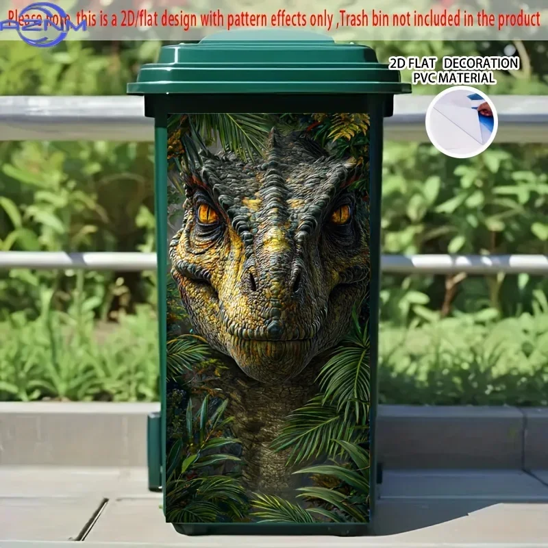 Large Dinosaur Jungle Trash Can Stickers - Self-Adhesive PVC Bin Decorations with Glossy Finish, 14.57x32.28 Inch (37x82cm) fo