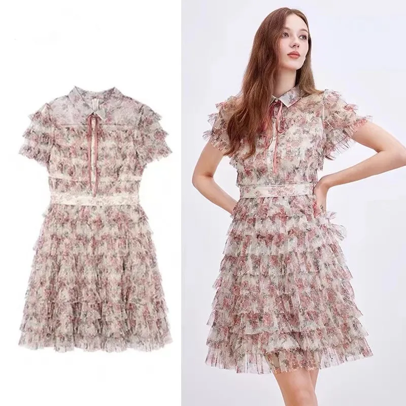 Sweet Fashion Women Lace Up Lapel Mesh Cake Mini Dress 2024 New Summer Flower Print Short Sleeve Multilayer Ruffles Party Dress