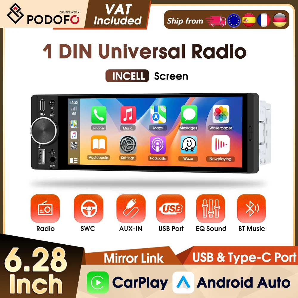 Podofo Universal 1Din 5,1''/6,28'' Autoradio Stereo Carplay Android Auto MP5 Multimedia-Player BT FM-Radio EQ Intelligente Systeme