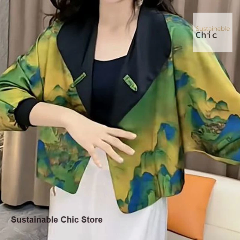 French style double-sided wear loose long-sleeved short coat women's spring and autumn new fashion satin ink print Joker coat.