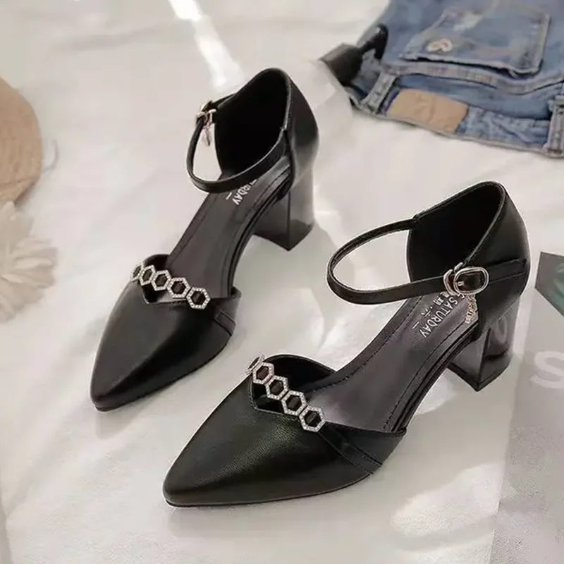 sapatos femininas women classic pointed toe black pu leather buckle strap square heel shoes for sexy party office pumps ba175