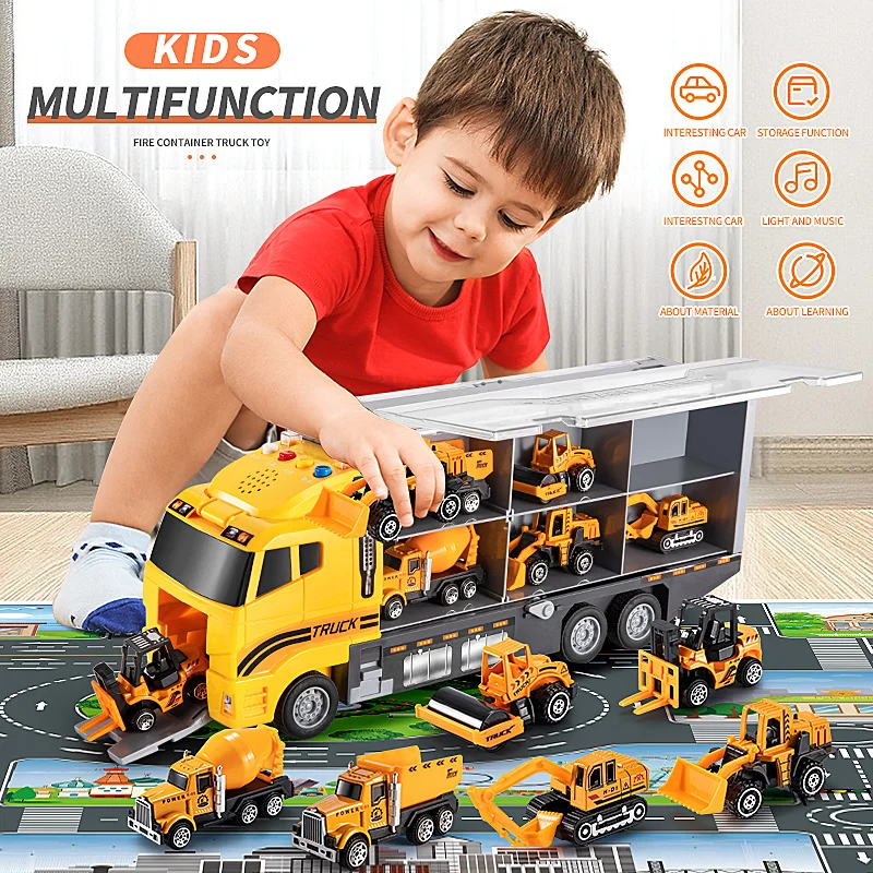 Big Container Transporter  Playset with Play Mat & 6PCS Mini Engineering Vehicle Car Model Toys For Kids Boys Gifts