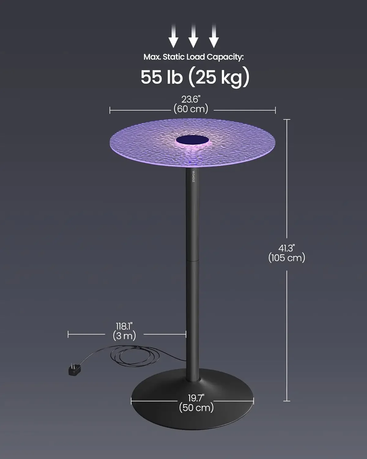 Bar Table, Round Cocktail Table with Multi-Colored Lights and Glass Top, Large Steel Base, 41.3 Inches Tall Pub Table