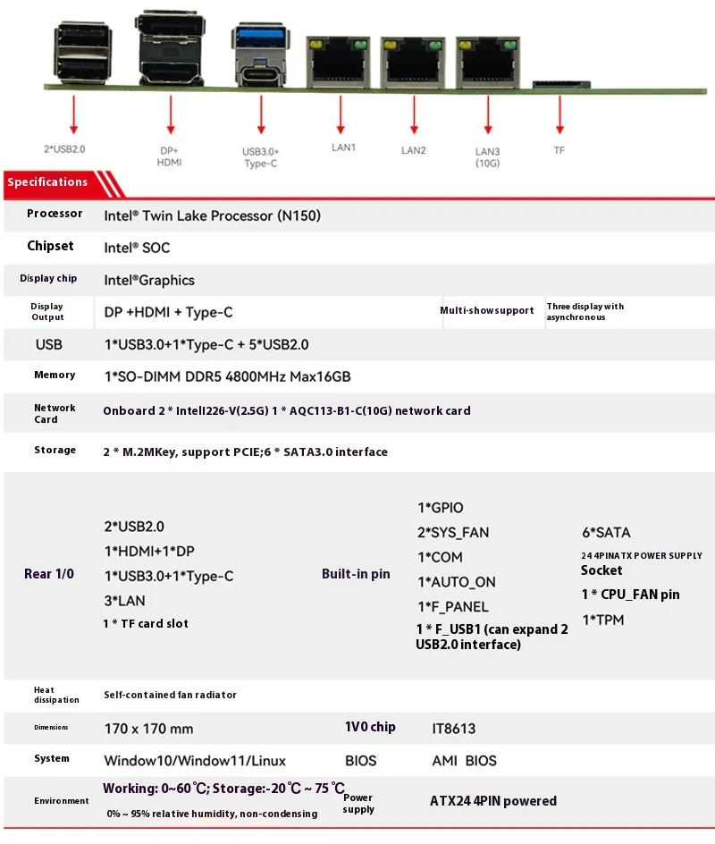 NAS Motherboard Intel N150 10GB Board ITX Home Processor 2* i226 10G LAN 6*SATA 3.0 M.2 M Key DP HD Window 10/11 Soft Router