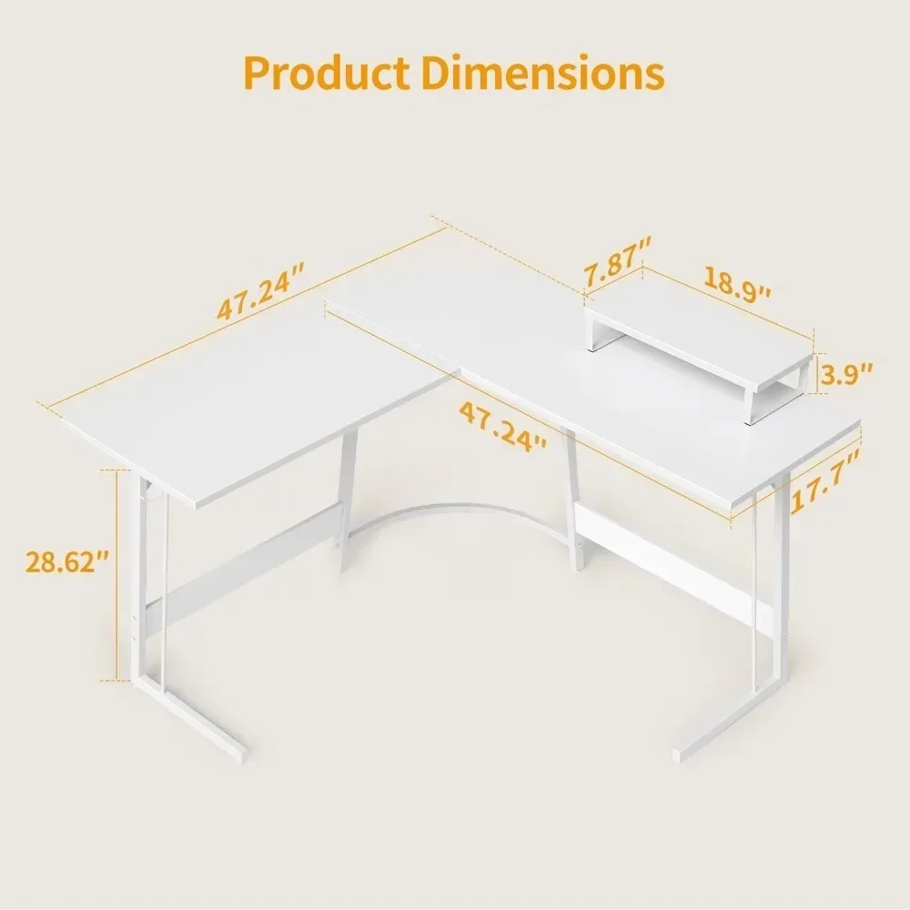 Mesa De Jogos Em Forma De L, Mesa De Escritório Do Computador, Mesa De Canto De 47 "Com Suporte De Monitor Grande Para Casa, Estudo, Escrita