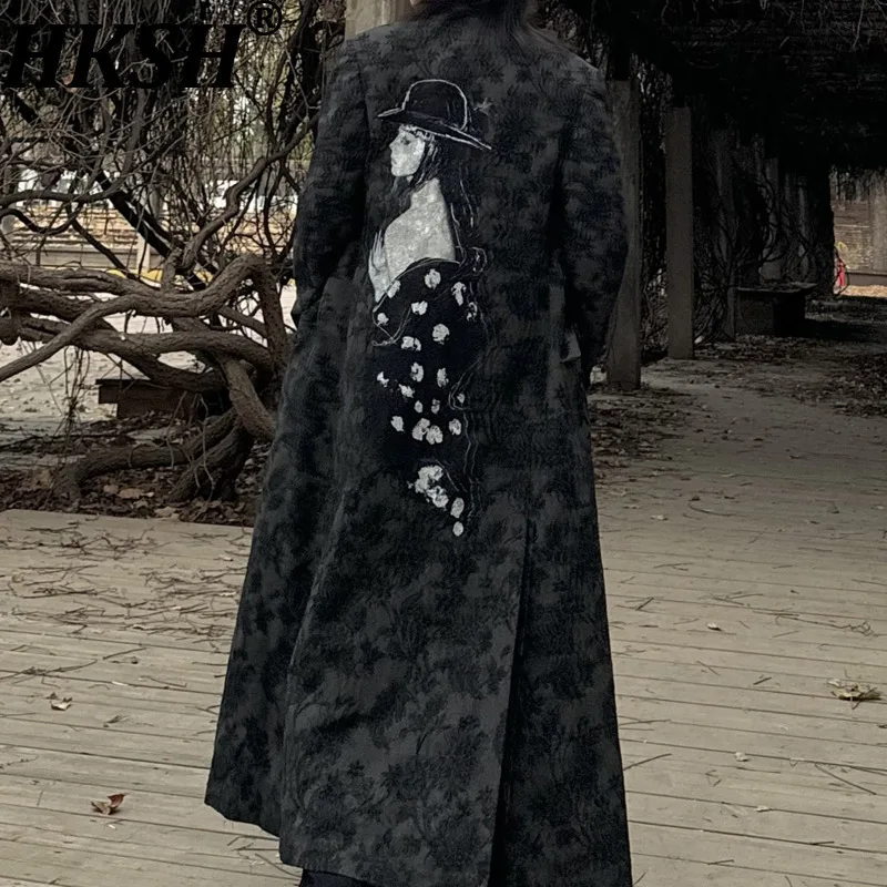 HKSH Autumn Winter New Man Japan Style Yamamoto Dark Jacquard Pattern Long Trench Trendy Casual High Street Ins Overcoat HK13968