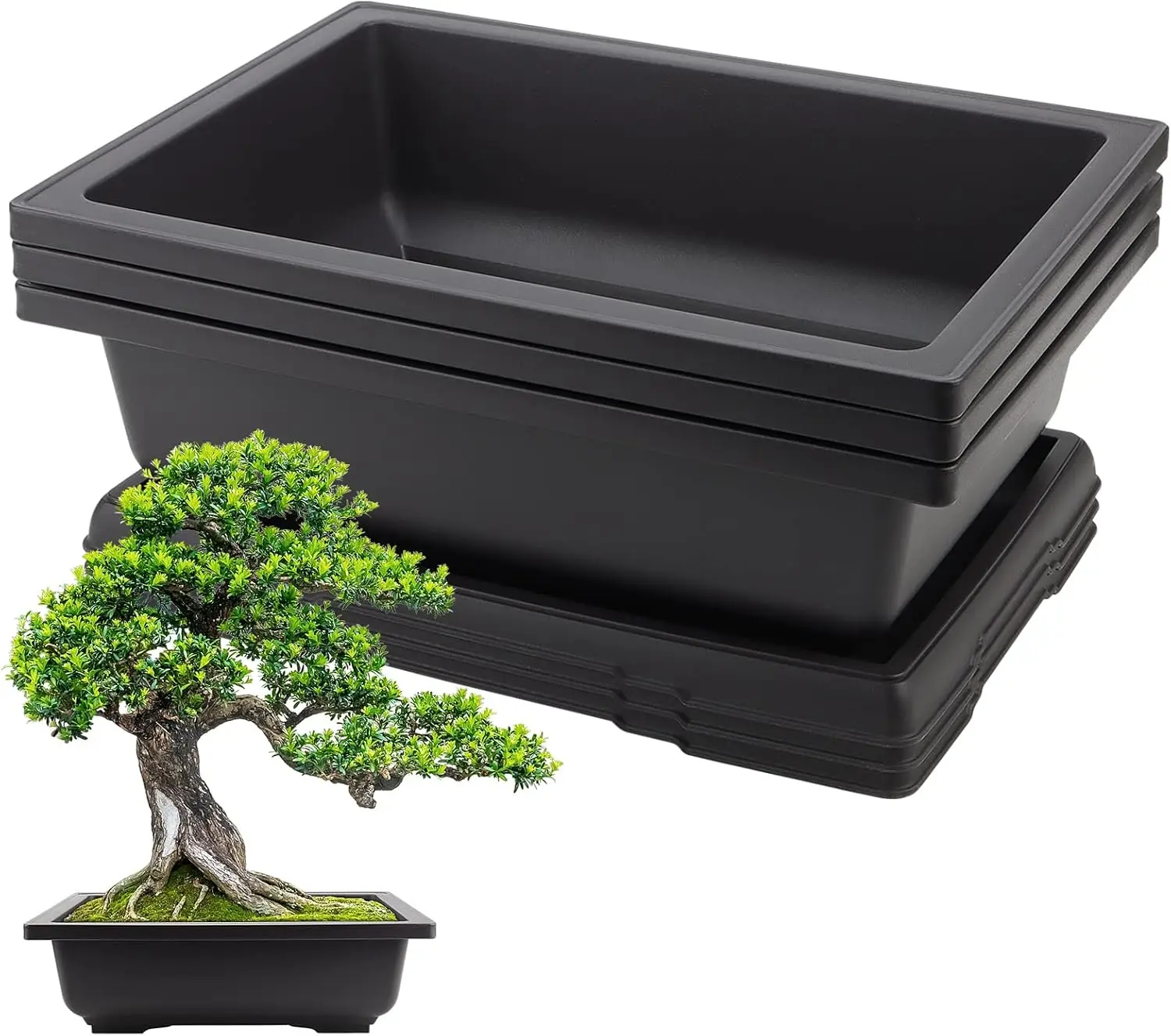 

3 Pack 14 Inch Large Bonsai Pots, Rectangular Built in Mesh Plastic Bonsai Training Pots with Trays, Plant Flower Tree Growing B