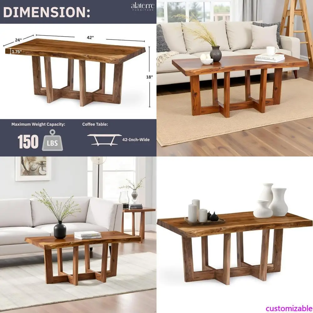 Mesa de centro artesanal de madeira de acácia de 42 polegadas com borda viva com estilo minimalista e acabamento natural, supportada com suporte cruzado