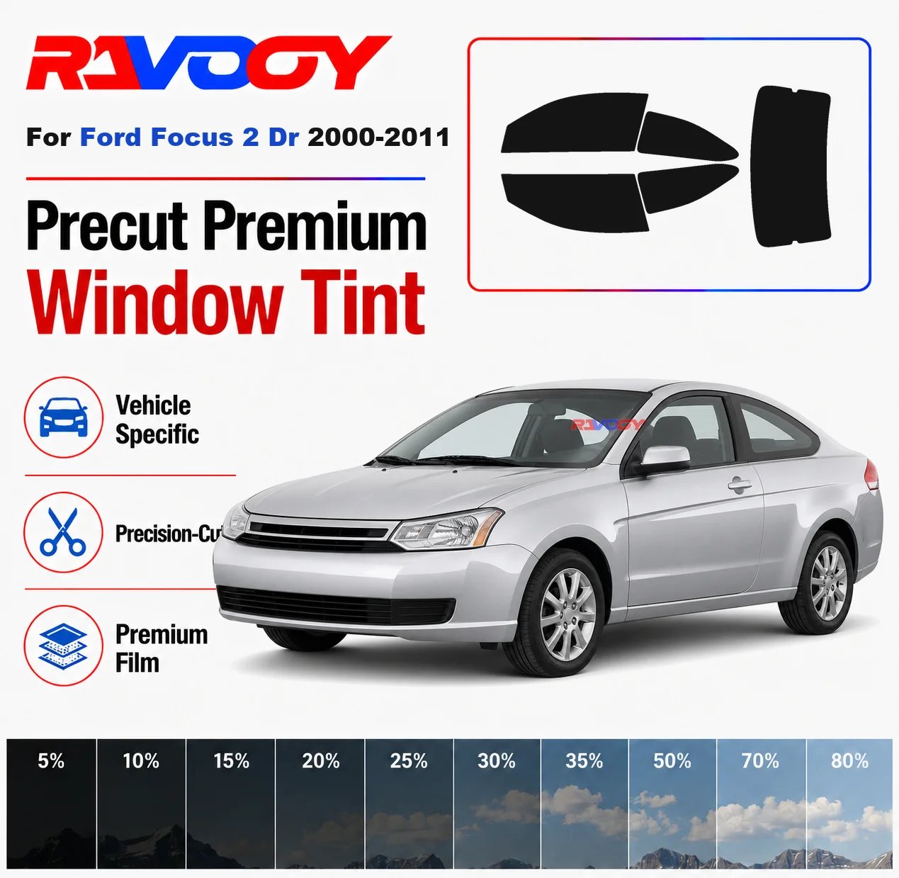 Premium Precut Window Tint Kit Front Rear Windows Rear Windshield For Ford Focus 2 Dr 2000-2011 Complete Set Nano Ceramic Film