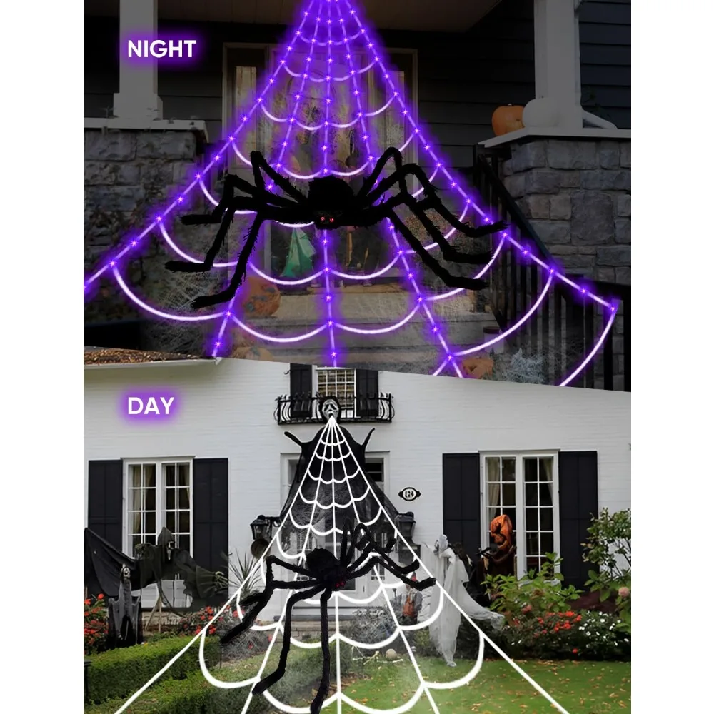 Spider, Webs Halloween Decorations Lights - 250 LEDs 16.4Ft Outdoor Battery Operated String Purple Halloween Lights, Spiderweb