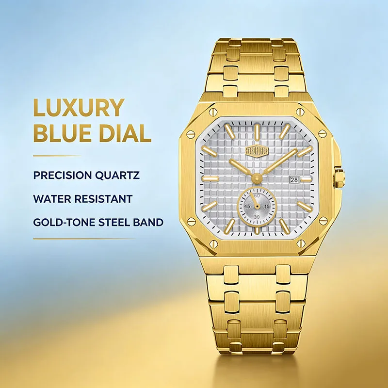 HEROFORCE Top Brand Luxury  Man Watch Square Waterproof Luminous Date Week Men Watch Stainless Steel Quartz Men's Watches Reloj