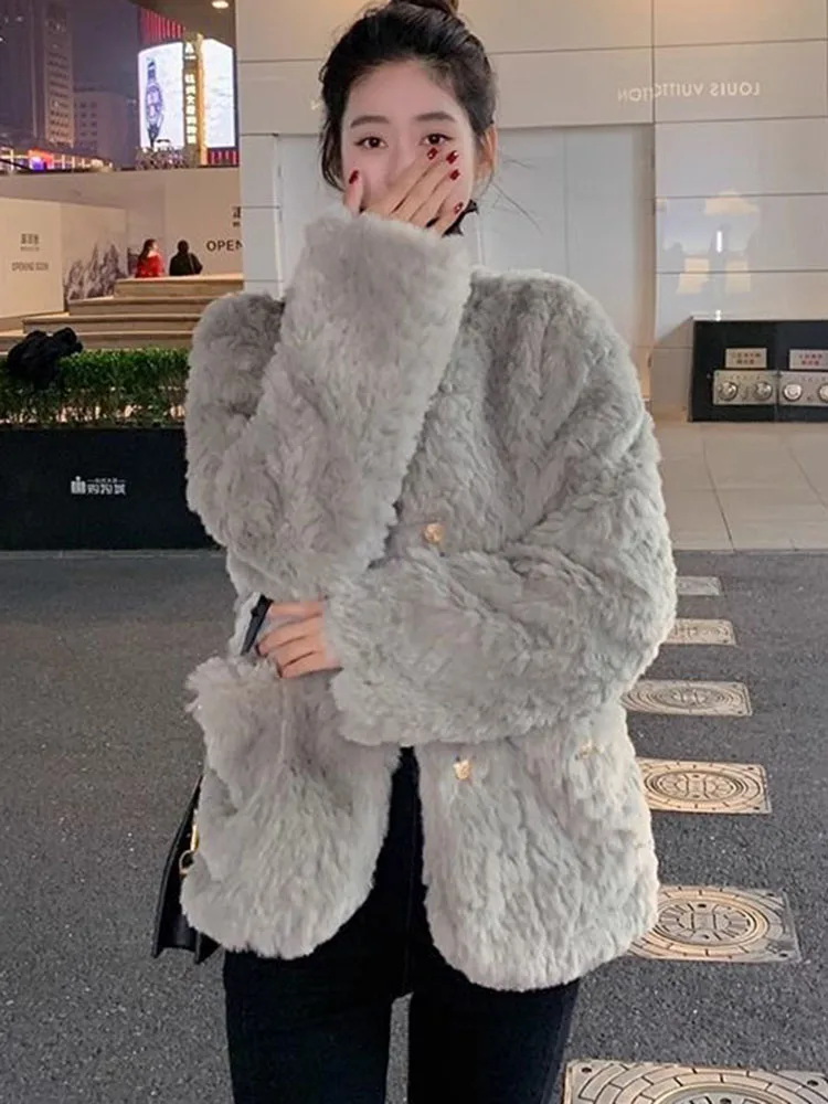 Mulheres soltas pele do falso engrossar jaquetas inverno quente o pescoço algodão acolchoado forrado abrigos design coreano sólido único breasted casacos