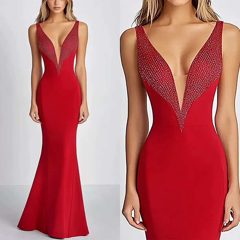 

High Quality Customized Sleeveless V-neck Floor Length Mermaid Long Dresses Beaded Red Elegant Dress Women for Wedding Party