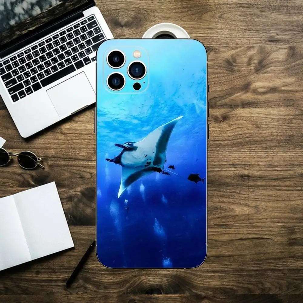 حافظة هاتف Animal Manta Ray لهاتف iPhone 16,15,14,13,12,11,XS,XR,X,8,7,Pro,Max,Plus,mini غطاء أسود من السيليكون