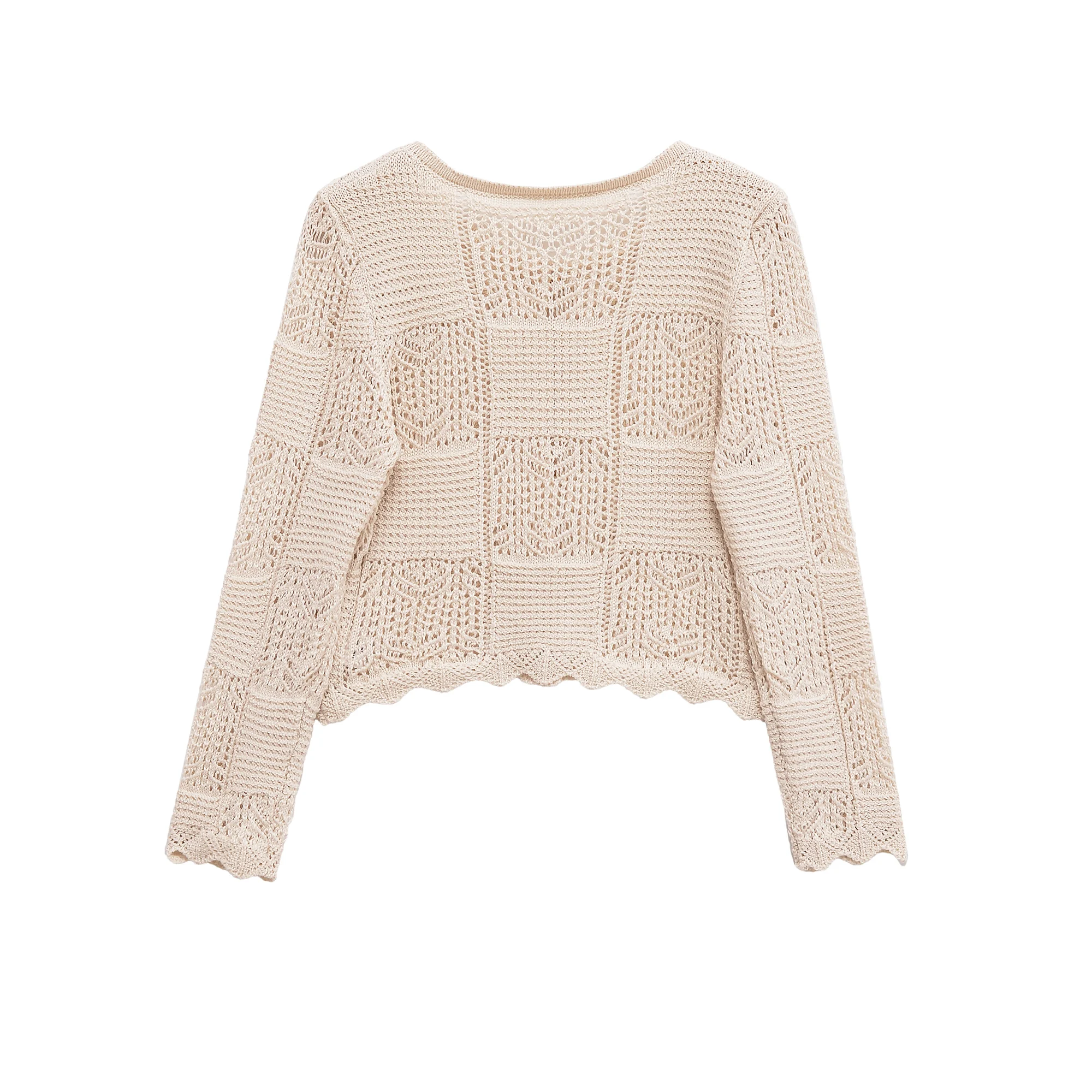 

Женский тонкий кардиган, сладкий бежевый жаккардовый сетчатый дизайн, однобортный с длинными рукавами, короткий вязаный свитер 6771061