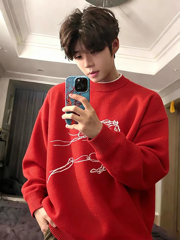 

Красный вязаный свитер для мужчин Cisas Base Layer Top Loose Fit Regular Length Long Sve round Ne Pullover Winter Couple O...