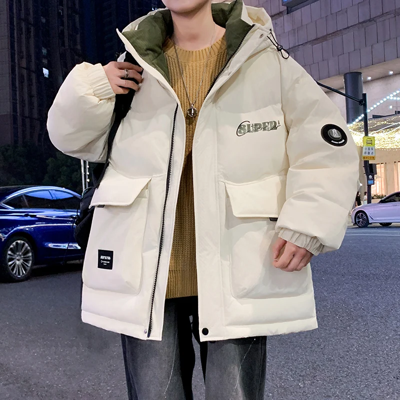 

Winter Cotton Jaet Men's Hooded Warmth Outerwear Hong Kong Sle Casual Loose Workwear Cotton Coat for Teenagers And Young ...