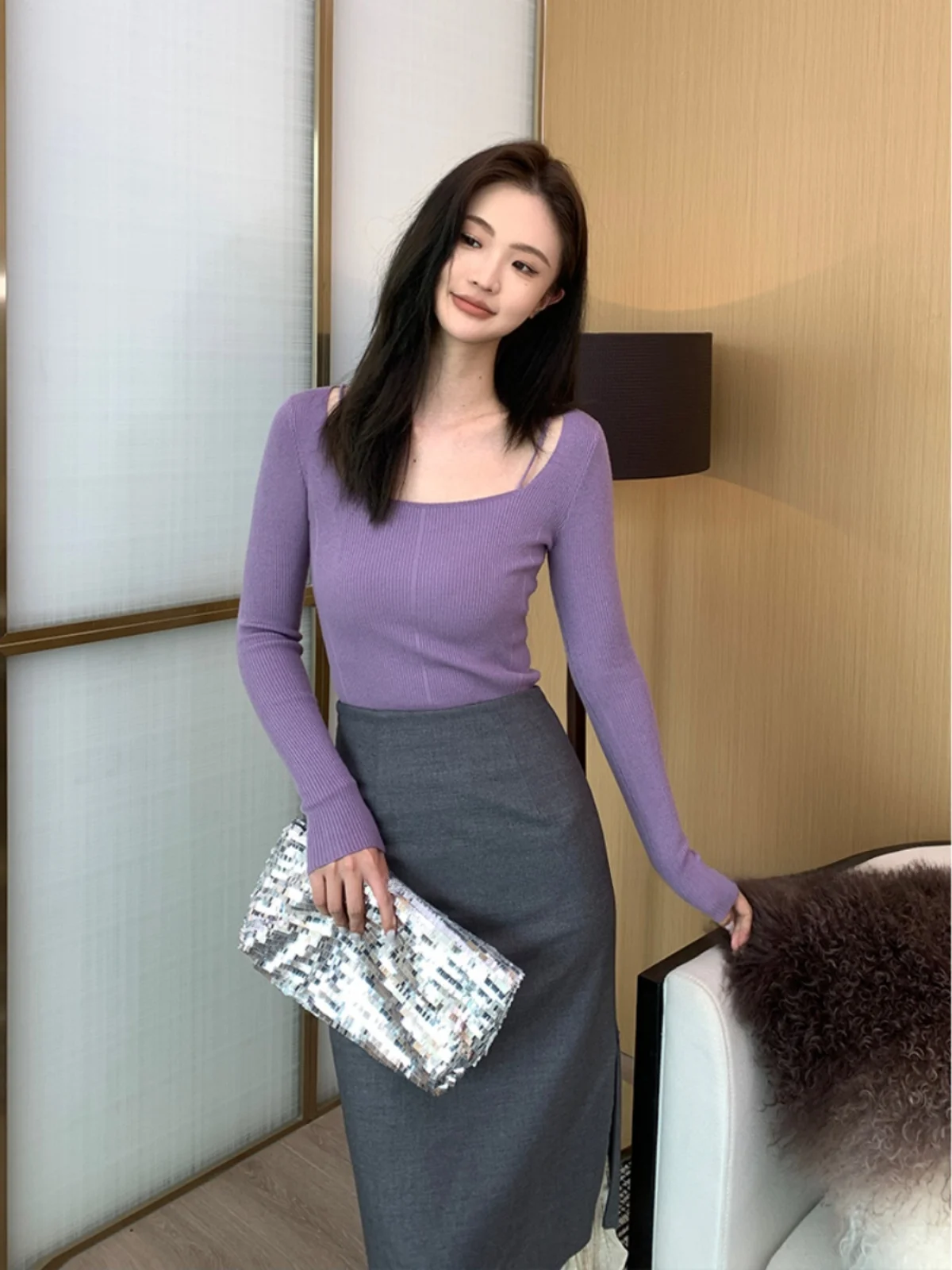 

Укороченный свитер Slim Fit из трикотажа с квадратным вырезом, универсальный базовый слой для повседневной носки, с длинными рукавами, ALONE SAVOR