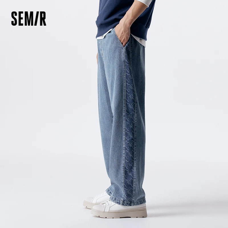 Semir Jeans Men 2024 New Winter Fashionable Patchwork Loose Straight Leg Elastic Waist Retro Denim Trousers