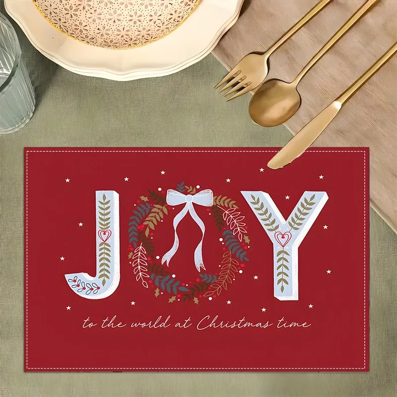 VIKAMA Christmas Linen Placemats, Santa Snowman Reindeer Poinsettia, Washable Heat Resistant, Holiday Dinner