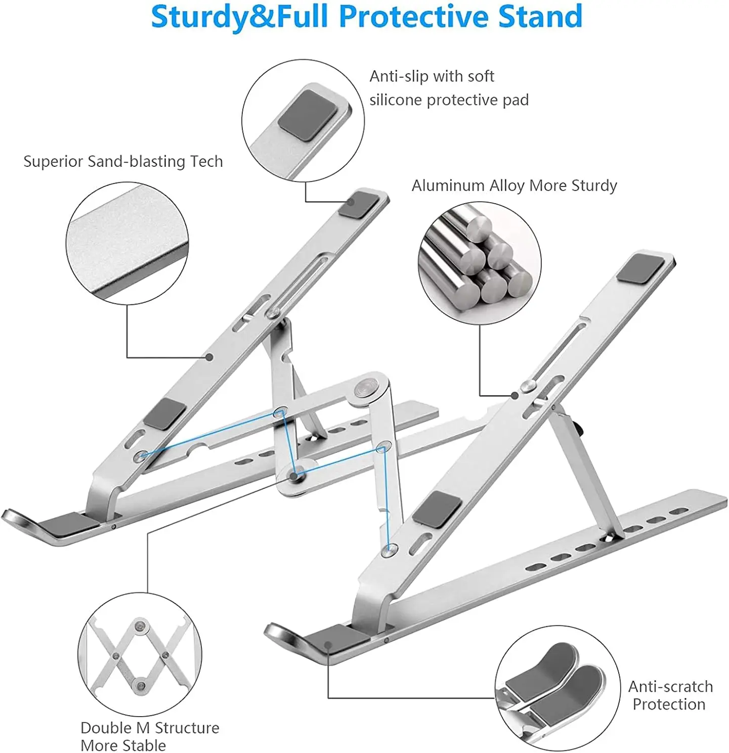 Foldable Aluminum Laptop Stand, 7-Level Adjustable Height, Anti-Slip Silicone Pads, Portable for 10-15.6 Inch Laptops & Tablets