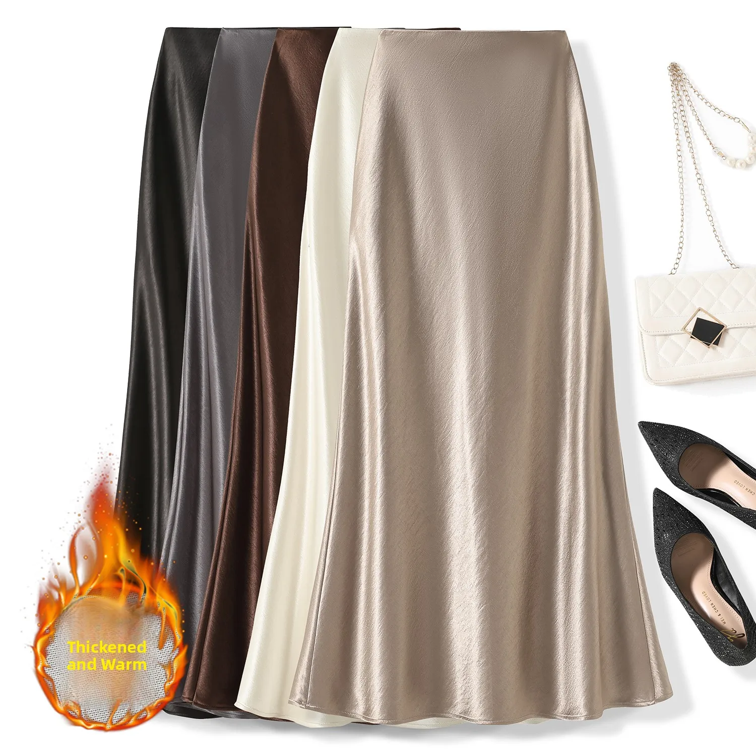 High Waist Thickened Fleece Fish Tail Satin Long Skirt Women's Autumn Winter Slimming Chinese Style A-Line Skirt Commute Wear