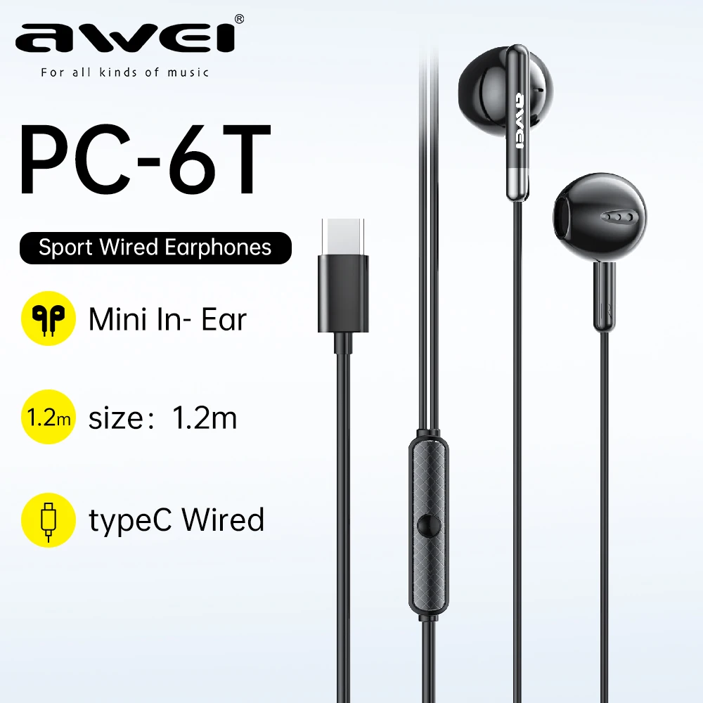 

Awei PC-6T Type-C Wired Headphones In-Ear Headset Wired Earphones With Mic Volume Control Compatible For All Mobile Phones