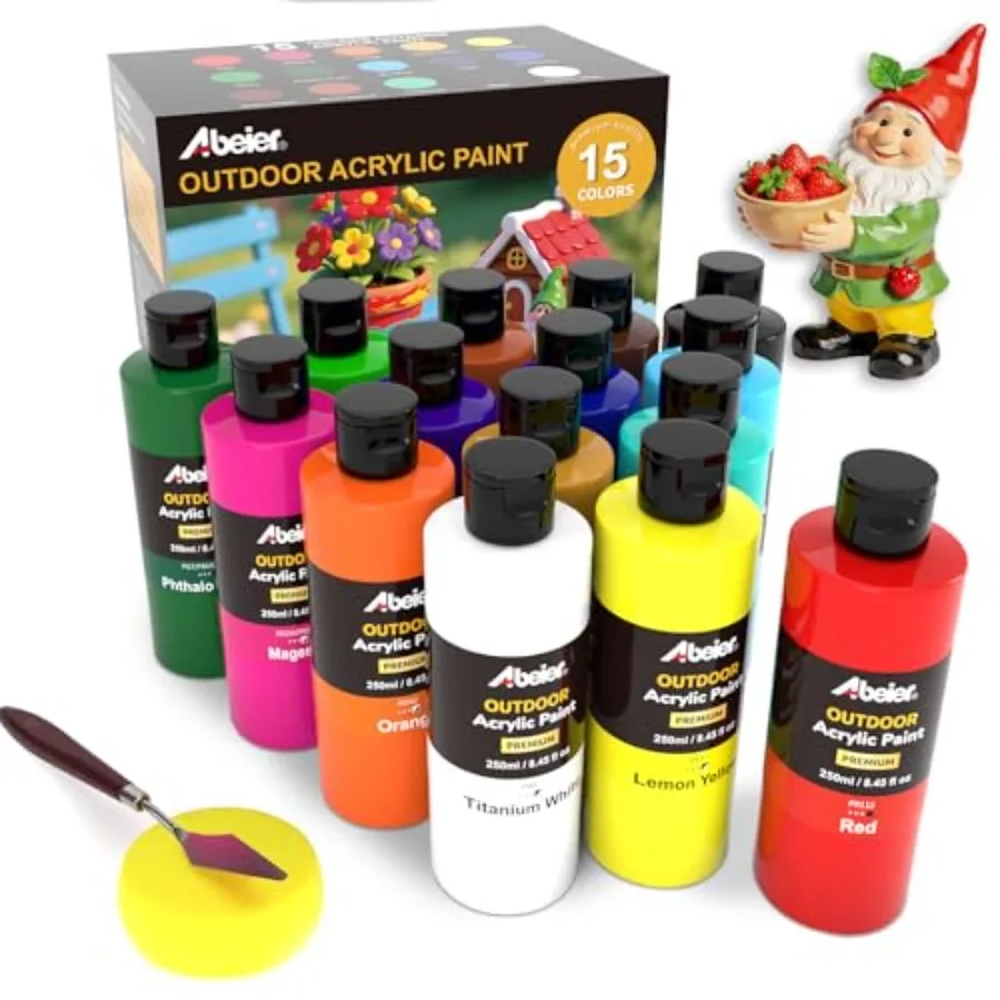 

Outdoor Acrylic Paint Set, 15 Vibrant Colors 8.45oz/250ml Large Bottles,Waterproof and UV Resistant Outdoor Paint for Rocks, Wo