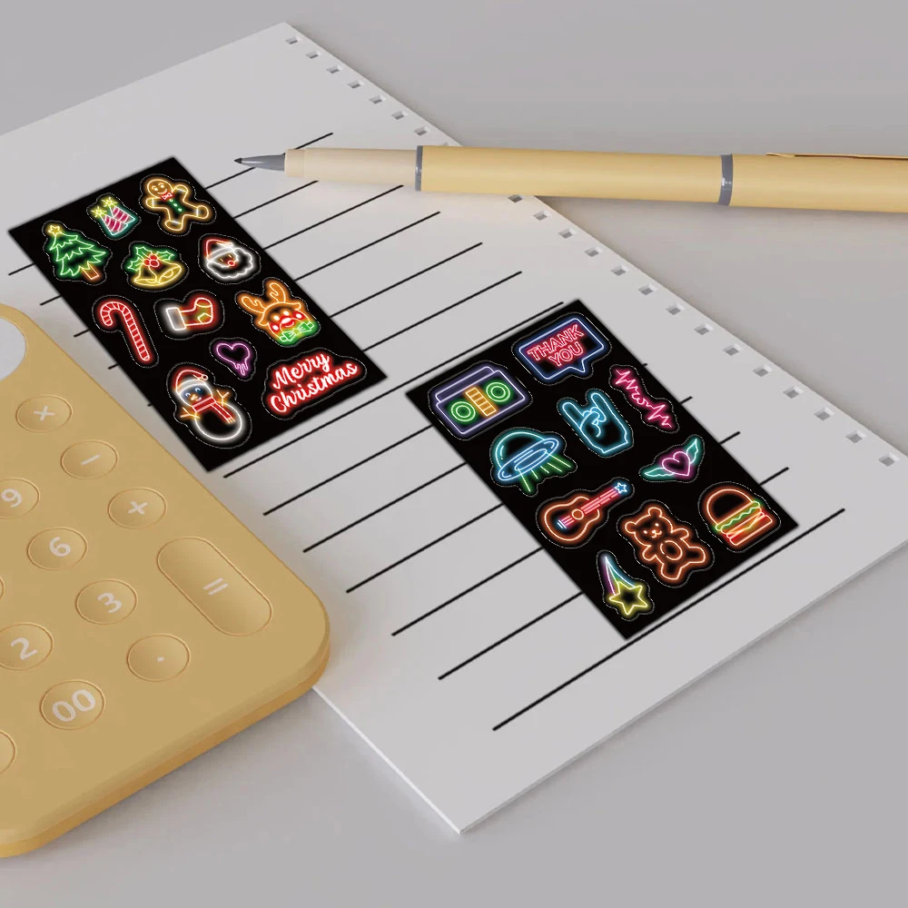 Neon Cartoon Collar Sticker, Original, Cute Handbook, Phone Case, Notebook, Desktop Decoration, Impermeável, 8pcs