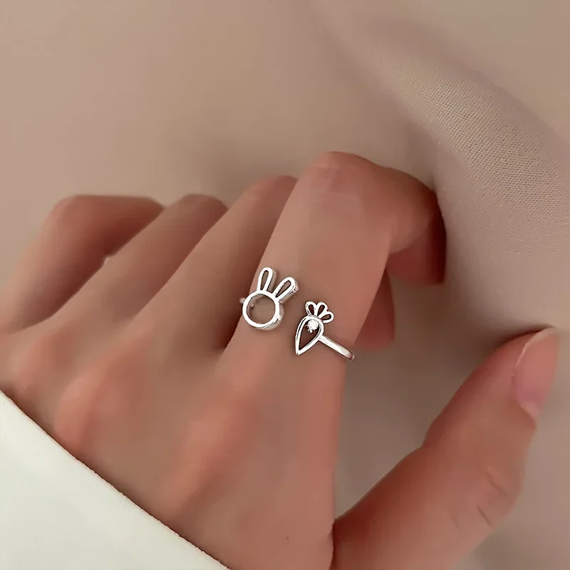 Xingyunday Cute Rabbit Carrot Zircon Open Rings Animal Simple Rings Ladies Girls Jewelry Gift