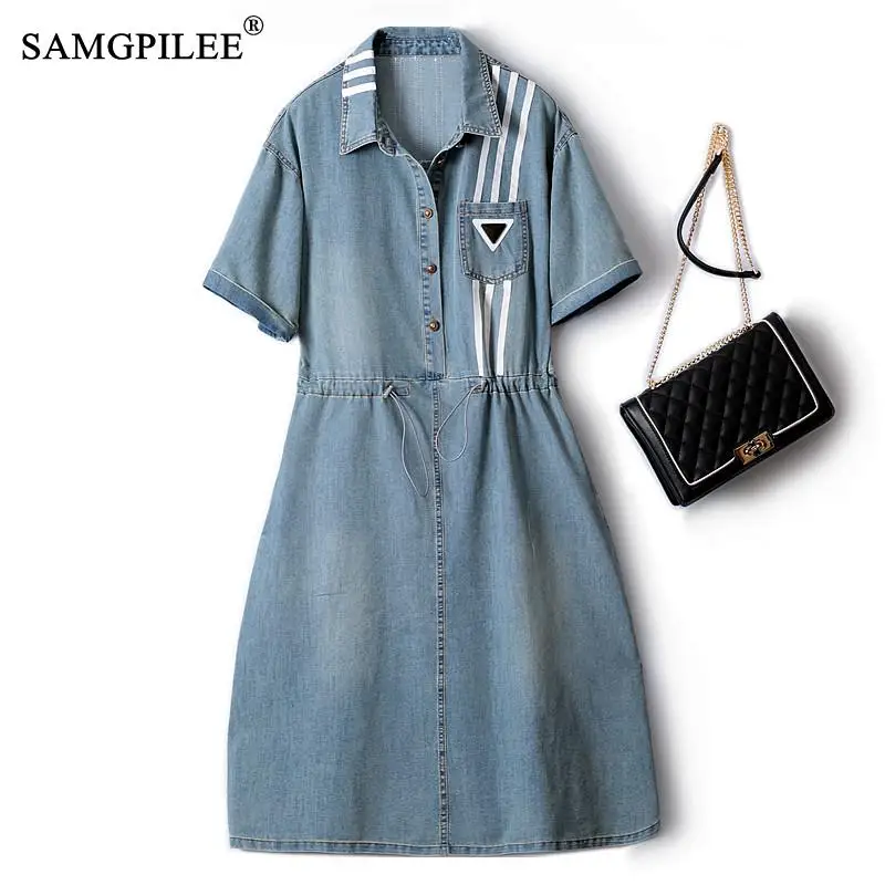 

Summer 2022 Women Denim Dresses Single-breasted Patch Striped Lapel Drawstring Waist Mid-length Retro Fashion Female Dress 4XL