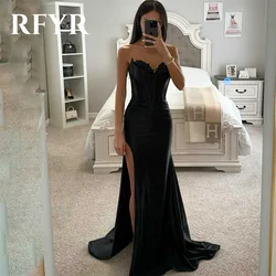 RFYR Black Prom Dresses Sweetheart Trumpet Evening Dress Pleats Satin Party Dress with Side Split Floor-length Vestidos De Noche