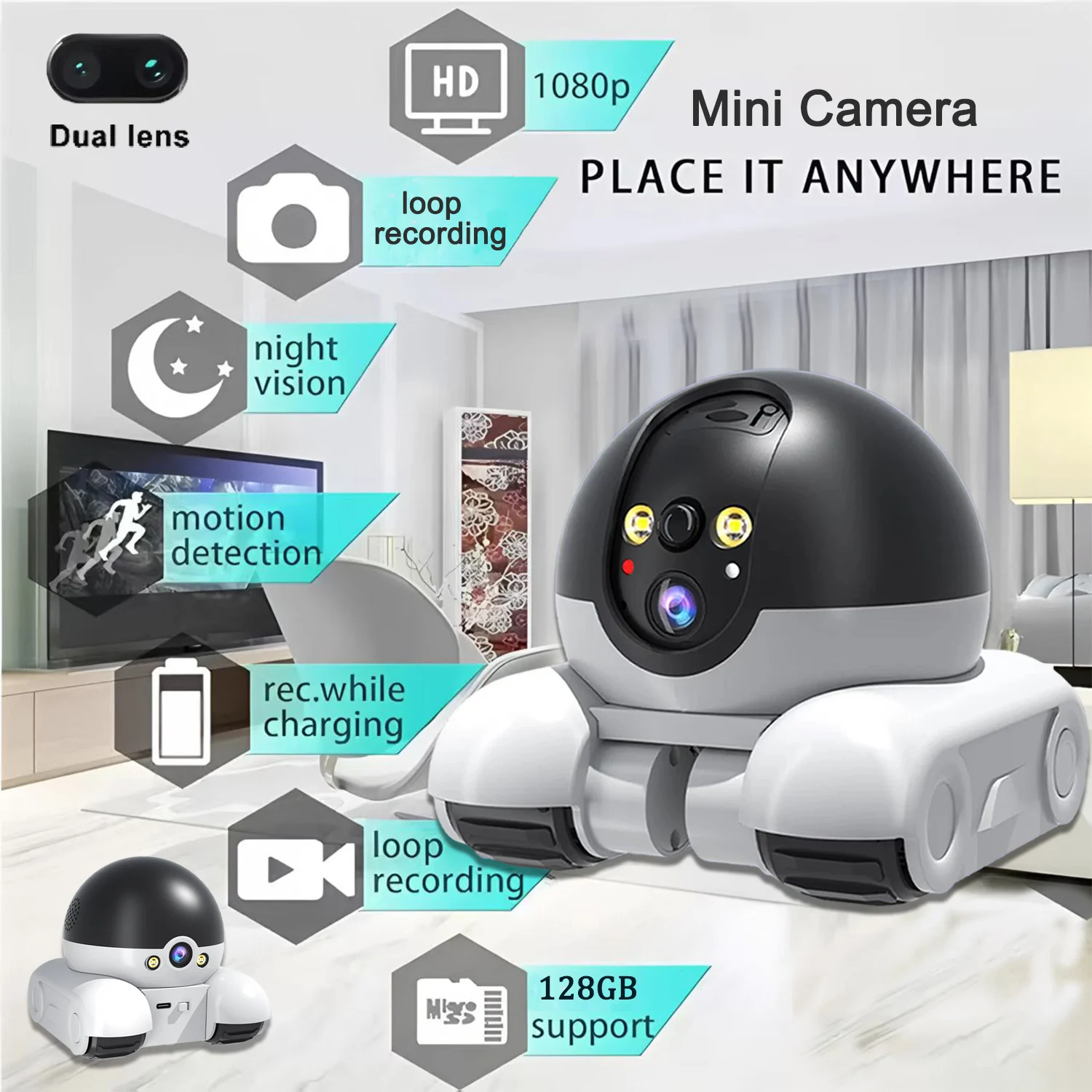 

Full HD 1080p Whole House Mobile 5MP Camera Robot, Automatic Tracking 360 ° WiFi Intelligent Monitoring Car Camera