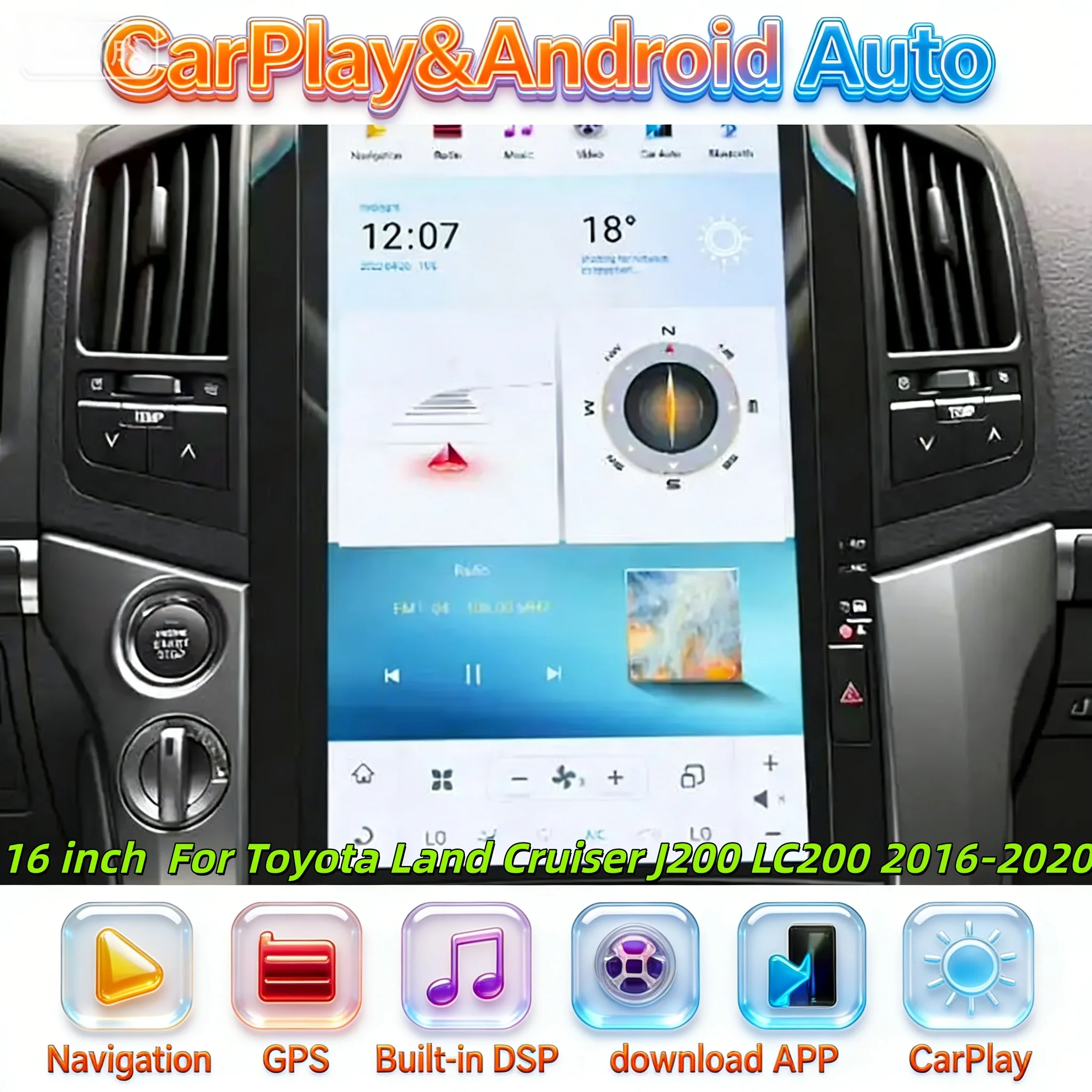 

Multimedia Wireless CarPlay Player For Toyota Land Cruiser J200 LC200 2016-2020 Android GPS Radio Navigation Head unit 16Inch