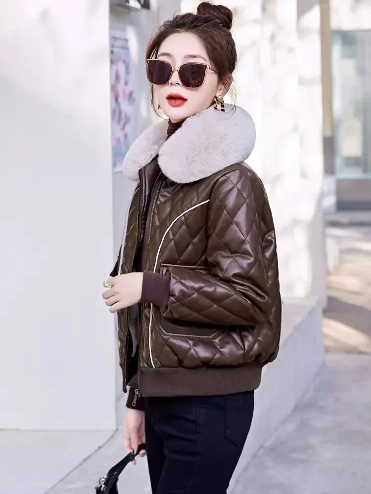 New Women Plus Velvet Lining Leather Jacket Casual Fashion Wam Fur Collar Thicken Leather Outerwear Slim Short Coat Female