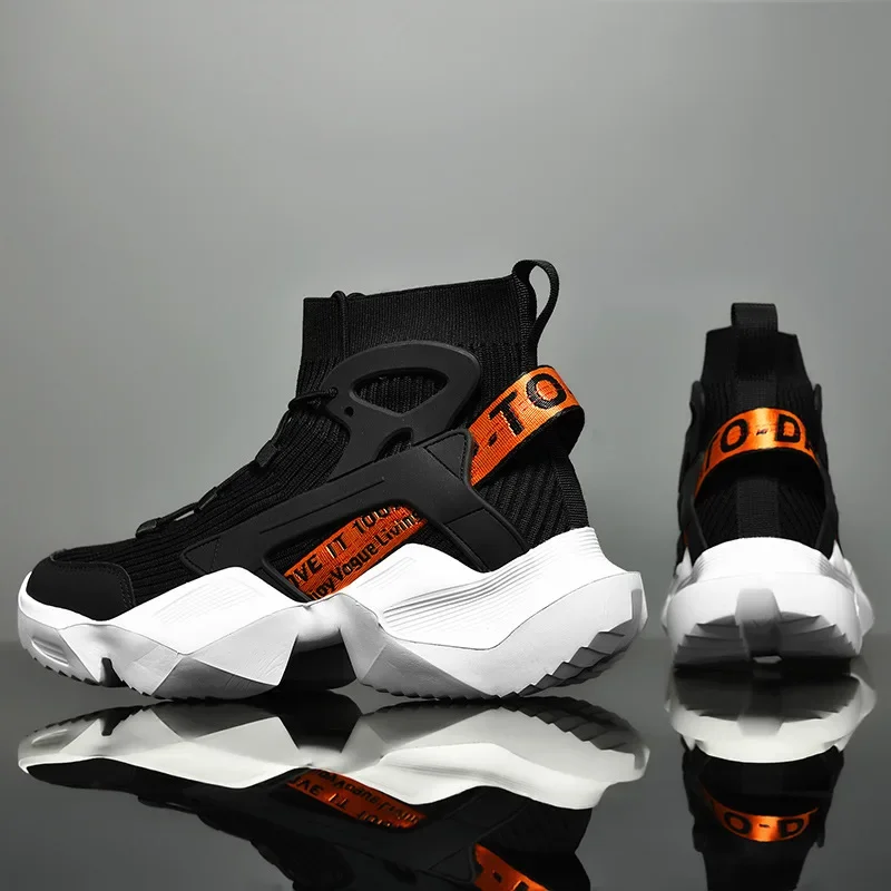 Large Men's Trendy Sports Shoes Autumn Fashion Fly Woven High Top Casual Hiking Shoes Ultra Light Rebound Off-road Running Shoes