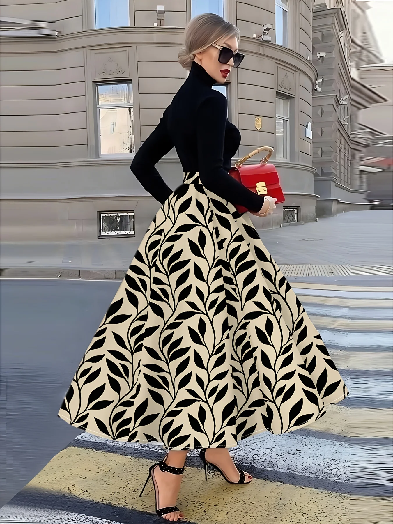 Printed Design Four season casual style khaki half Skirt paired with black half Skirt
