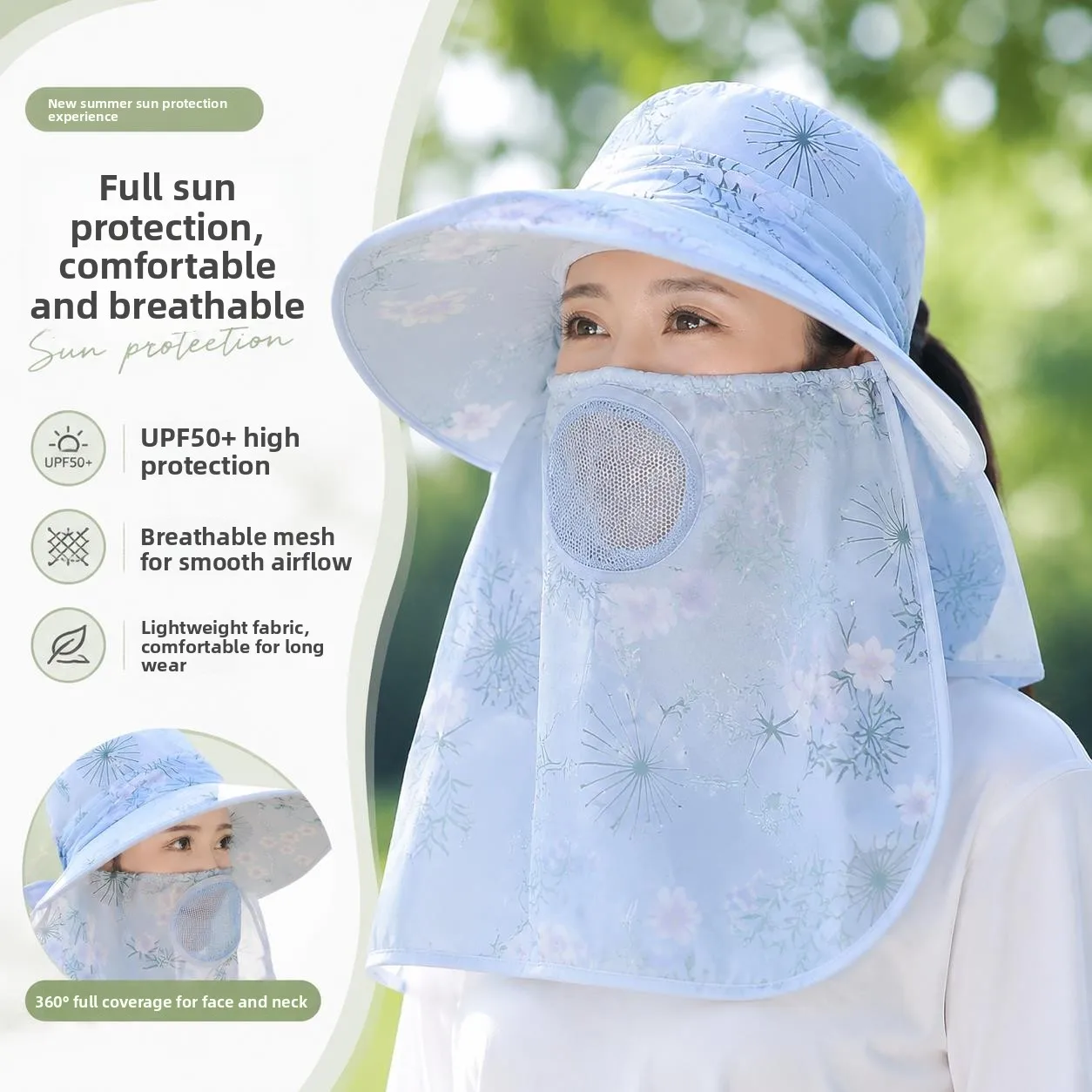 Outdoor Women's Sun Protection Hat with Integrated Lightweight UV-Protective Mask Large Brim Wide Coverage Face Shield Hat
