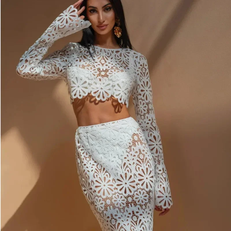 Elegant Embroidery Hollow Out Beach Dresses Set Sexy See Through Crop Top Long Skirt Women Streetwear Suits Summer Women Outfits