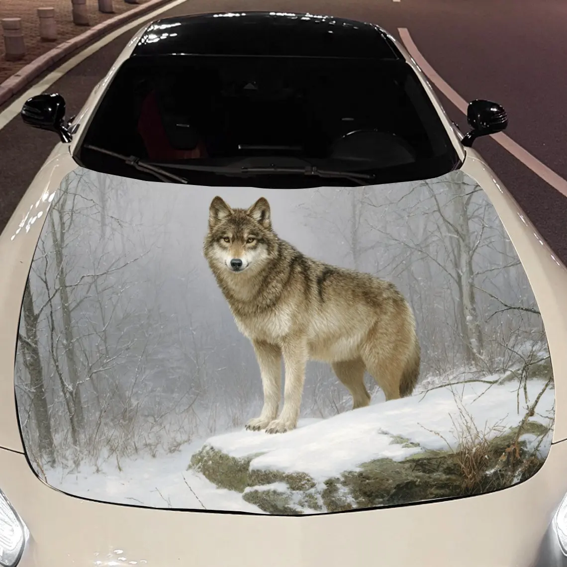 Car Decals Wolf in Snowy Forest Landscape Car Hood Sticker, Waterproof Self - Adhesive Vinyl Graphics Decals, Decorative Protect