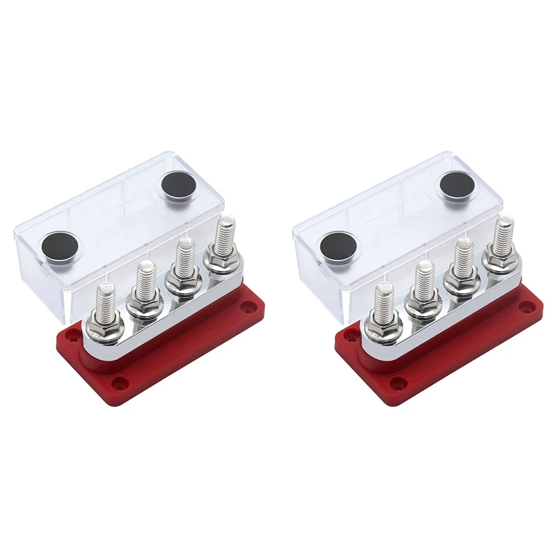 

2X 600A Bus Bar 4-Stud (3/8 Inch) M10 High Current Copper Busbar Terminal Block Marine DC 12V 24V 48V With Cover(Red)