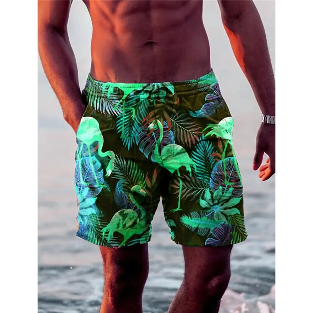 New Men's Shorts Swim Trunks Drawstring Leaf Flamingo Graphics Quick Dry Short Casual Holiday Hawaiian Micro-elastic