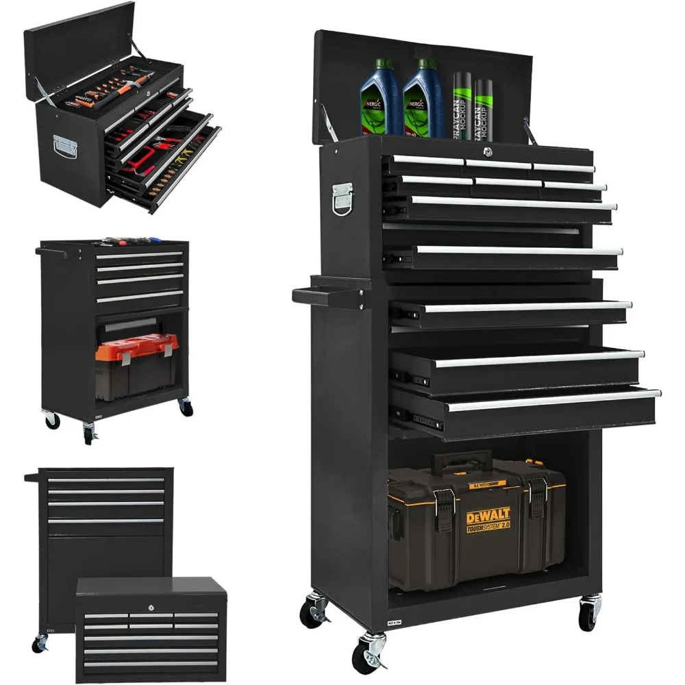 خزانة أدوات دوارة ذات 13 درجًا مع عجلات، صناديق أدوات دوارة قابلة للفصل 2 في 1، خزانة أدوات متنقلة مع أدراج،