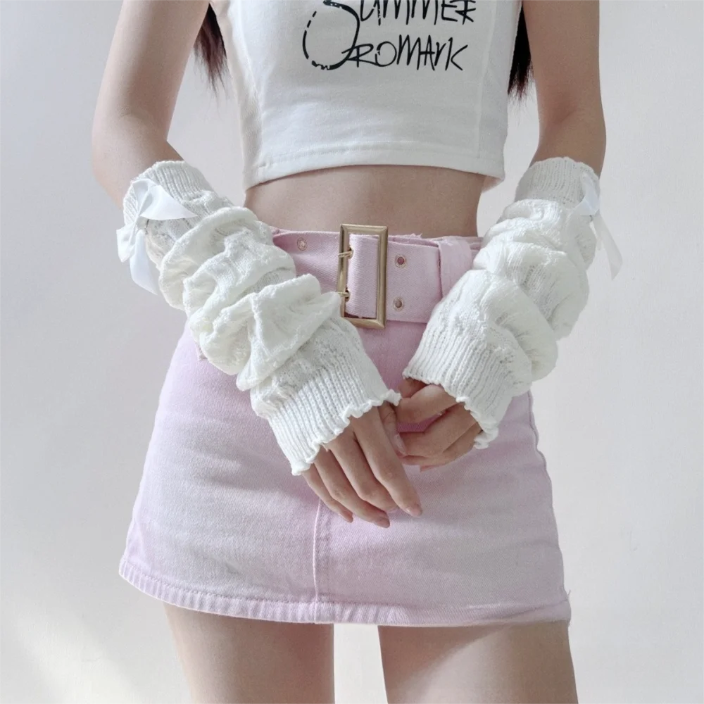 New Long Arm Warmer Gloves Knitted Cold Proof Warm Arm Sleeve Cute Bow Fingerless Gloves Autumn Winter