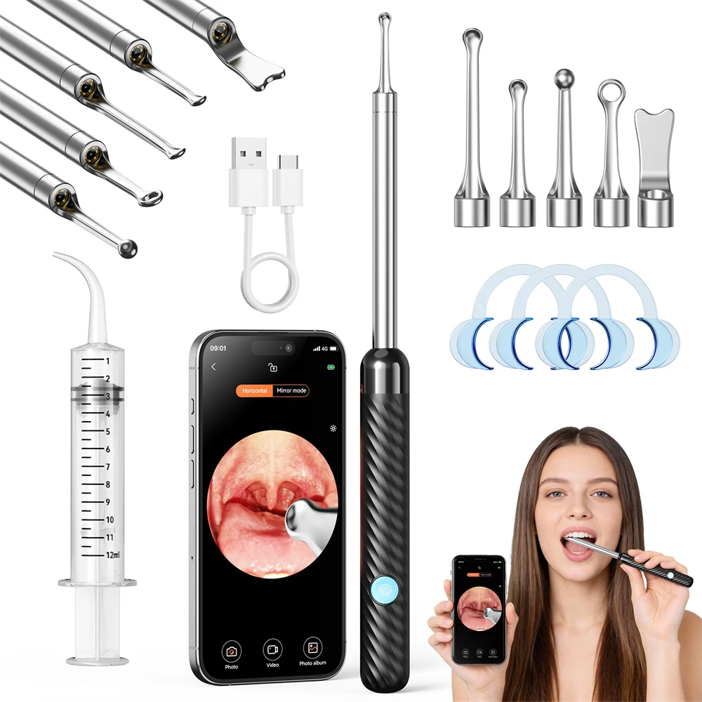 10MP HD Visual Tonsil Stone Remover Kit IP67 Camera 6-Axis Gyro Oral Care Cleaner Tool with Syringe 5 Tips APP Control