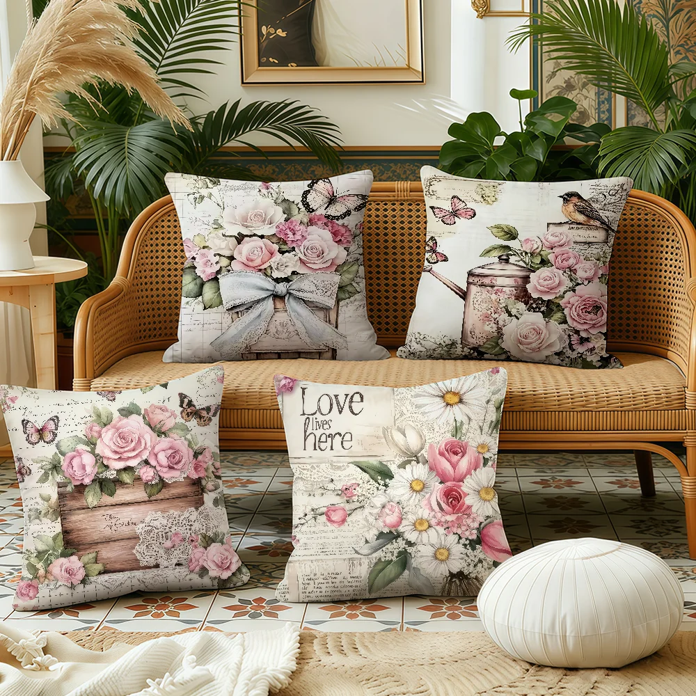 Vintage Flower Bohemia pink cushion cover Plush Fabric Soft Double Sided Print Sofa Cushion Cover Throw Pillow Covers